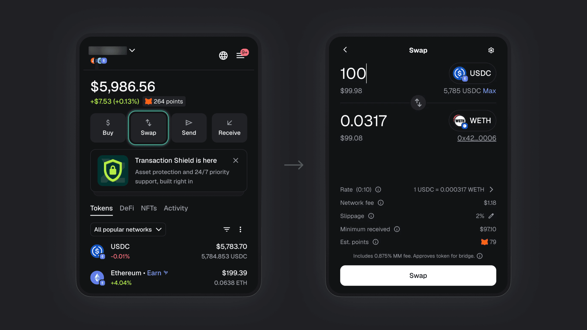 MetaMask (graphic 1) No title. Add the screenshots side-by-side in a frame with a dark background. In the first screenshot, highlight the “Swap” button. Then add a subtle arrow pointing from the first screenshot to the second screenshot.